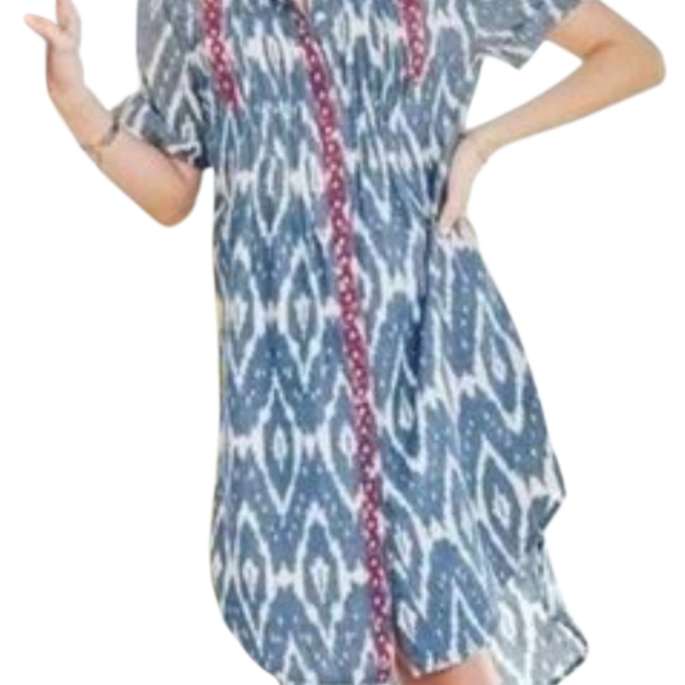 Sundance‎ Tunic Top Womens Large Blue Ikat Embroidered Pintuck Cotton RN106205